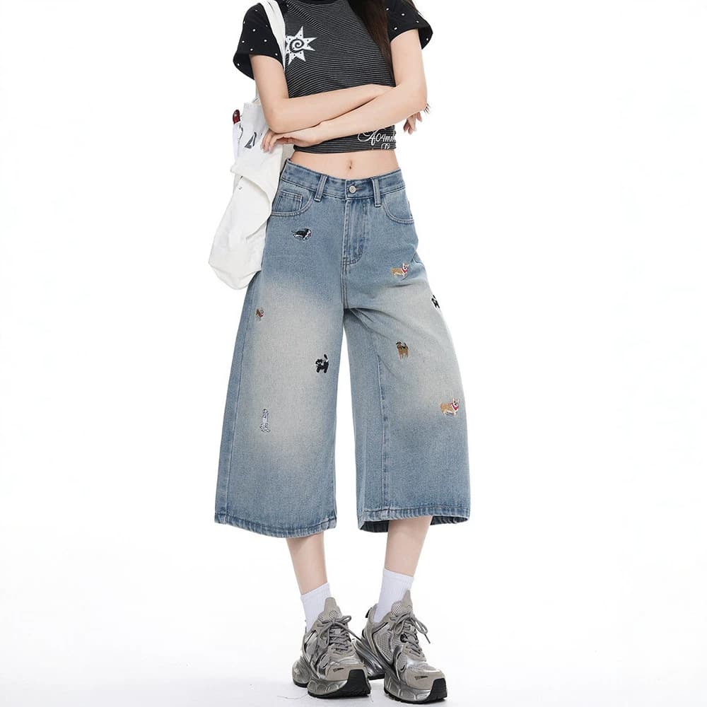 Capri Pants Fashionable New Retro Wide-Leg American Petite Slimming Puppy Embroidery Denim Mid-Length Women's