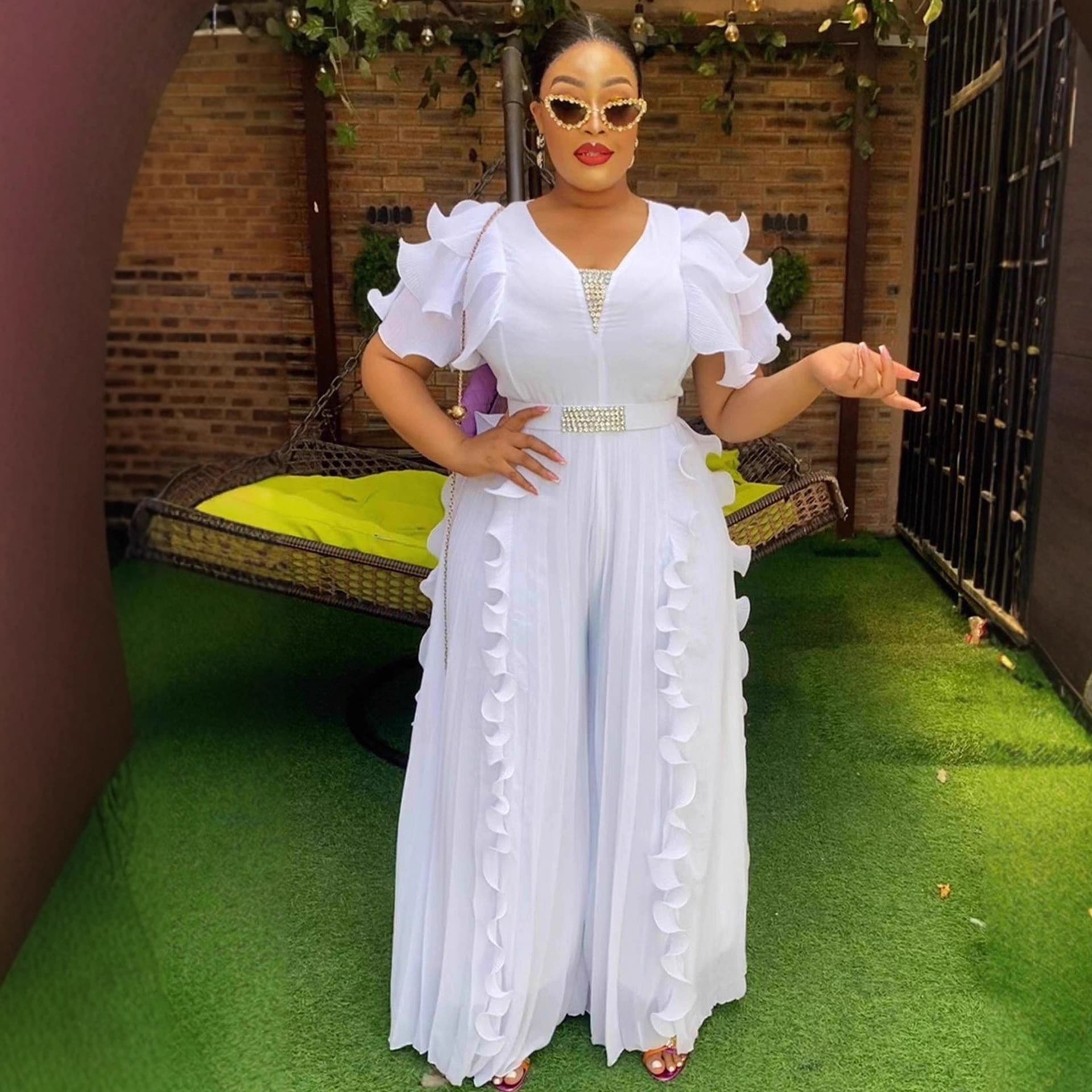 Plus Size Women's V-Neck Ruffle Jumpsuit with Rhinestone Waist Slimming Wide-Leg Pants Party Dress