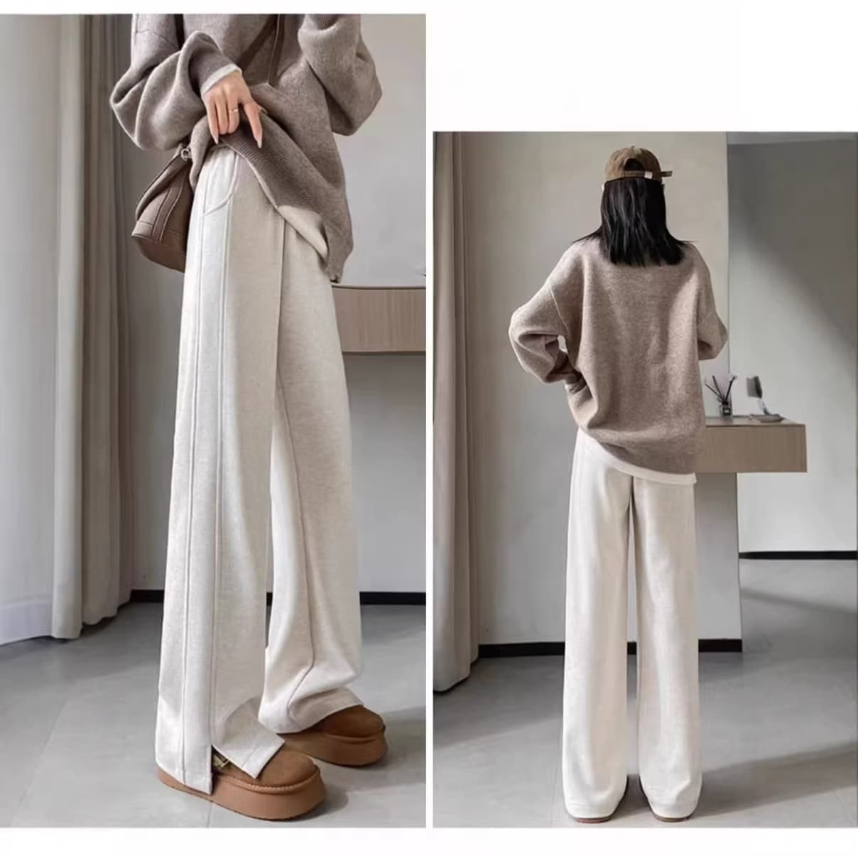 In spring and autumn, pear-shaped body covers the flesh and looks slimming. Versatile herringbone casual pants are popular and versatile. Apricot wool straight pants
