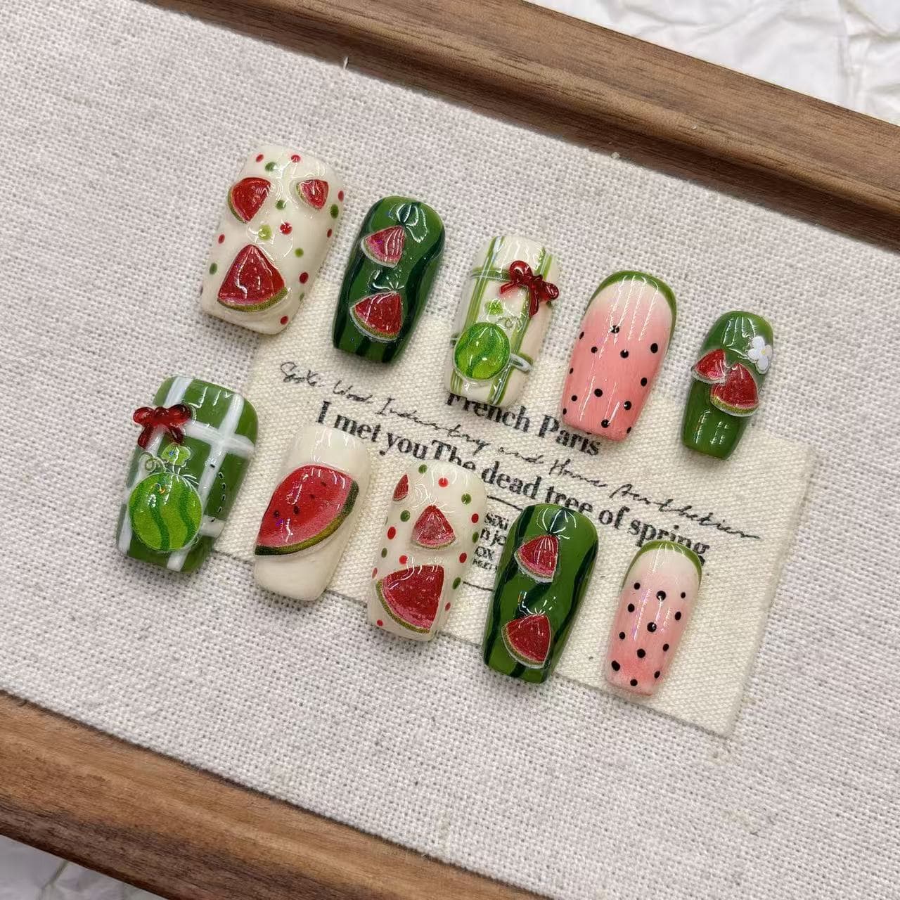 Summer Watermelon Cute Style Short Shaved Almond Handmade Nail Art Boutique High-End Wholesale Purely Handmade Wearable Manicure