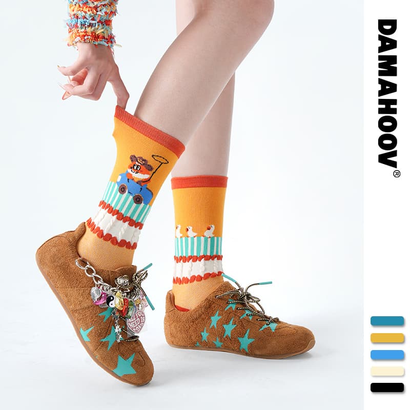 Brand Fashion Cartoon Cute Mid-Calf Socks Women Bubble Raccoon Fox Series Spring Summer Trendy Illustration Socks for Men