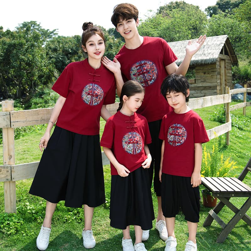 2026 Family Matching Summer Outfit, Mandarin Collar Short Sleeve, Ankara Red, Chinese Chic Hanfu Style for Family of Three