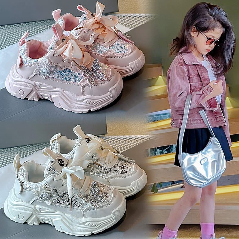 Girls' Fashion Sneakers with Sparkly Rhinestones and Sequins, Little Butterfly 2025 Spring/Autumn New Arrival Kids' Chunky Shoes for Little Girls