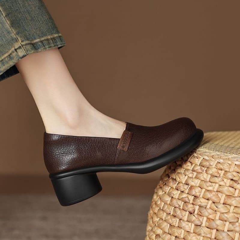 Retro Chunky Heel Women's Shoes 2025 Spring and Autumn New Style Slip-On Women's Shoes Soft Leather Loafers Lazy Slip-On Leather Shoes