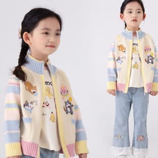 Children's Knit Zip-Up Jacket Cartoon Embroidery Outerwear Girls' New Spring Autumn Sweater Casual