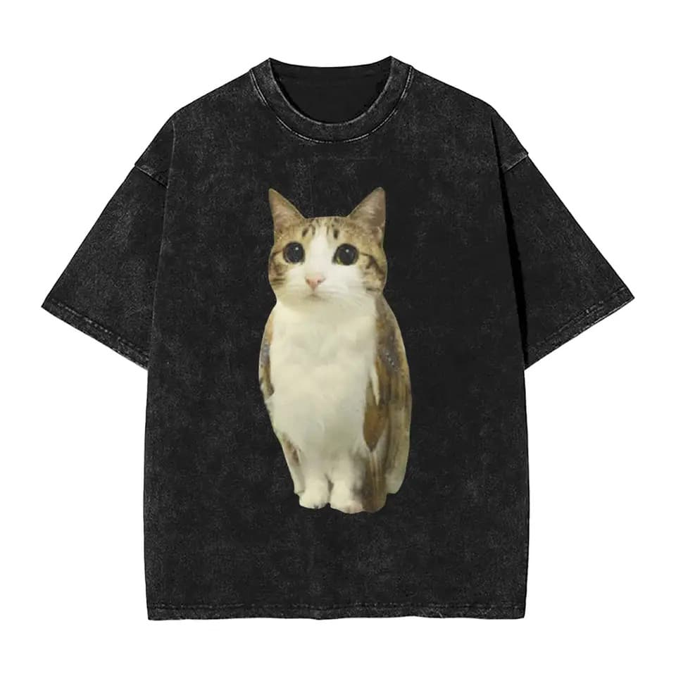 Men's T-Shirt Funny Big Meow Summer Crew Print Cat Y2K T-Shirt Tee Top Washed Funny