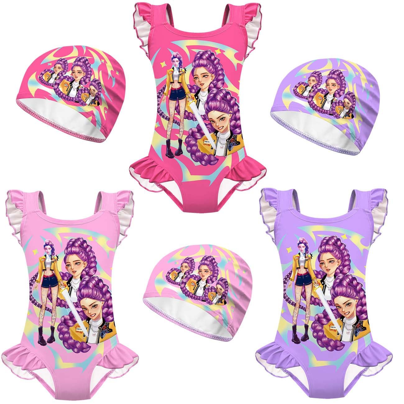 New children's swimsuit cosplay witcher group print girls one-piece lace swimsuit set 20730