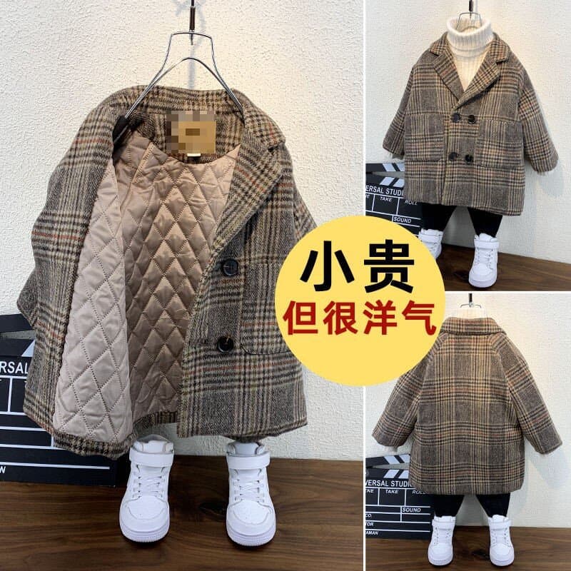 2025 Korean Style Double-Faced Wool Coat Unisex Children Cotton-Padded Wool Loose Flare Jacket Mid-Length Plaid Trench Coat