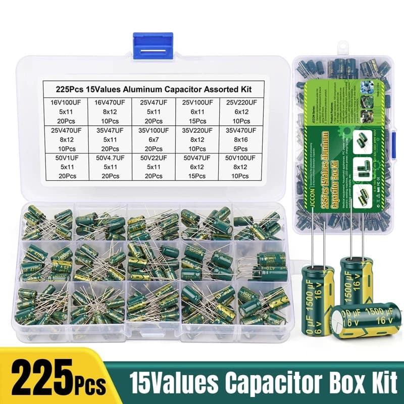 225PCS 15 Specifications Resistance Green High-Frequency Through-Hole Aluminum Electrolytic Capacitor Kit Cross-Border Hot Seller