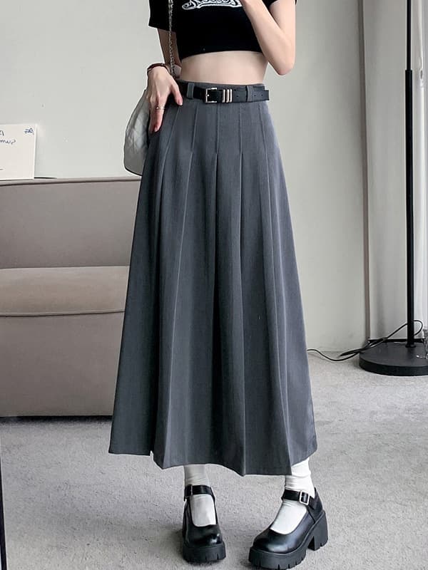 Korean Style Blazer with Belt Pleated Pencil Skirt, Women's High-End Texture Draped A-Line Midi Skirt for Spring Autumn