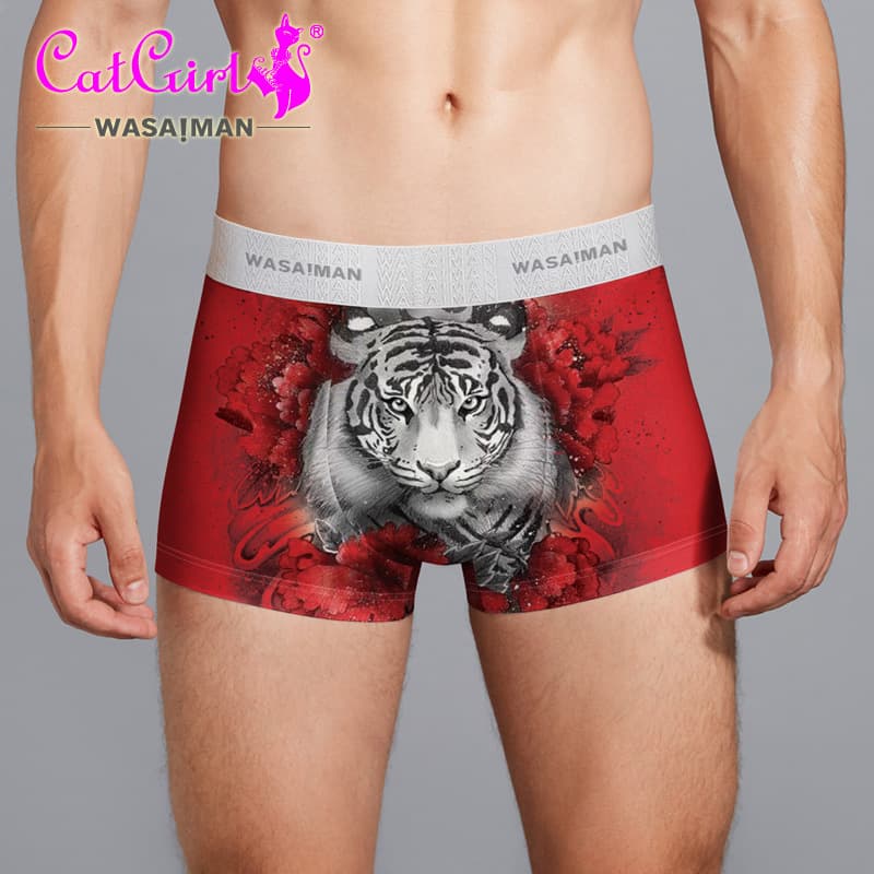 New Zodiac Tiger Print Men's Boxer Briefs, Red Underwear with Tiger Head Pattern, Auspicious Birthday Gift, Four-Corner Shorts
