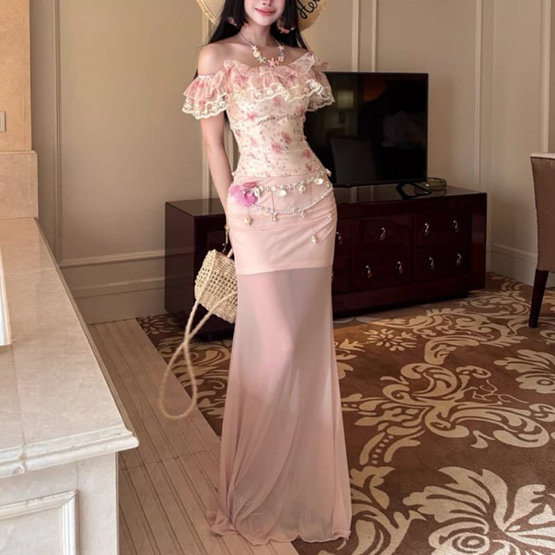 Trendy Pink Set with French Ruffled Off-Shoulder Floral Patchwork Top and Long Skirt 2026 Fashion