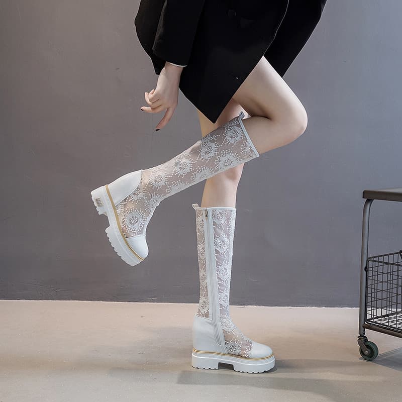 White Embroidered Mesh Boots 2026 Spring/Summer New Style Inner Height Increase Thin Style Not Over Knee Mesh Breathable Versatile Women