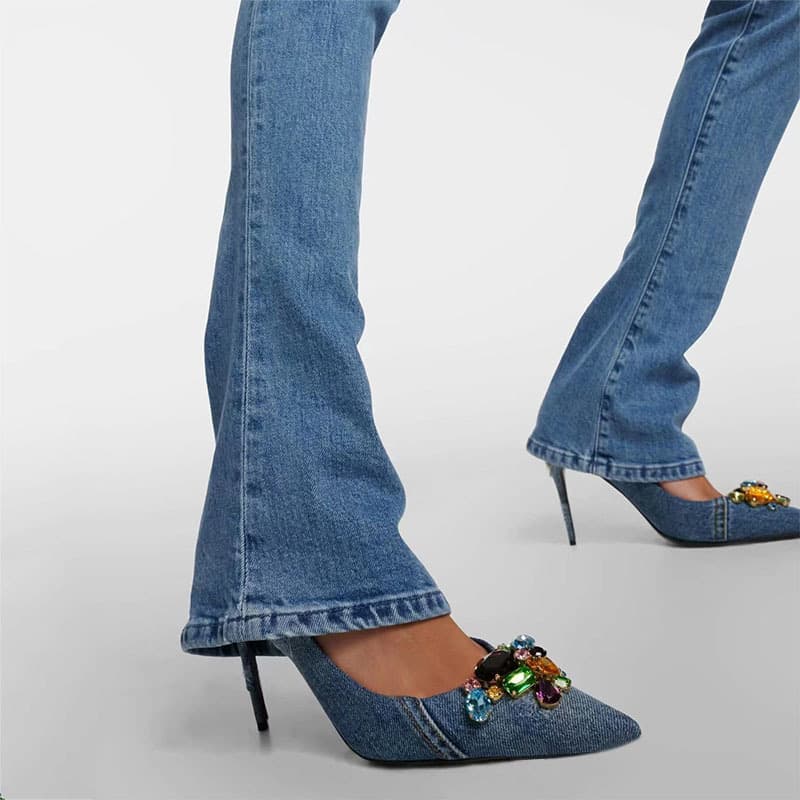 New Pointed Toe Shallow Stiletto Heel Denim High Heels - European American Style Rhinestone Extreme High Heel Sexy Pumps Women Plus Size 43