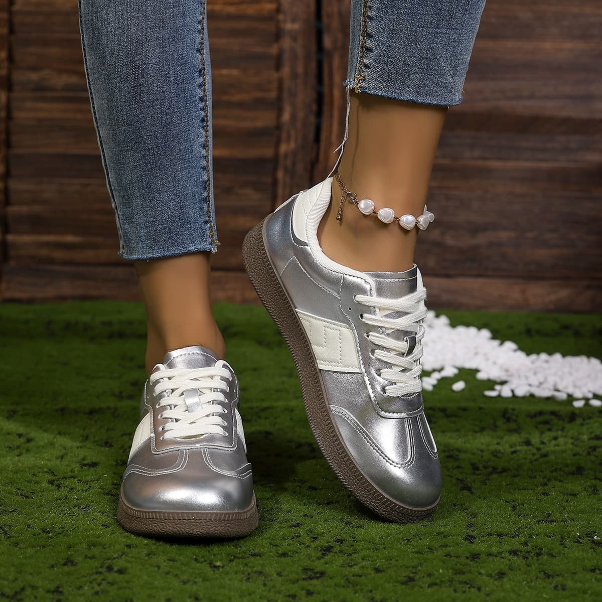 German Training Shoes Sports Versatile Lace-Up Agassi Shoes Thick Sole Women Silver Casual Shoes Board Shoes Flat Fashion Sports
