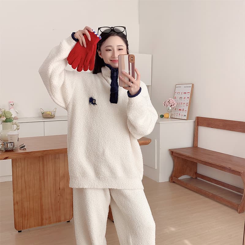 Winter New Stand Collar Soft Half Velvet Pajamas Ladies Thick Warm Casual Home Clothes Suit Wholesale