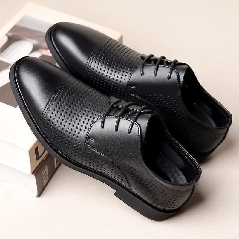 Men's Summer Leather Shoes, Breathable Mesh, Large Size, Soft Leather Business Formal Shoes with Perforations, Height-Increasing Men's Shoes
