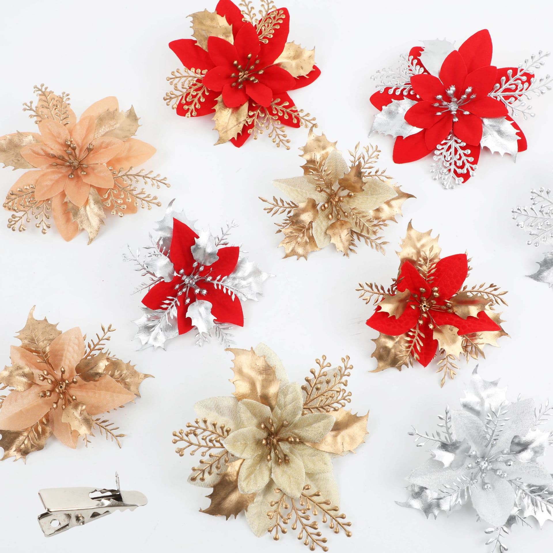 Artificial Christmas Flowers, Gold and Silver Flowers, Christmas Tree Ornaments, Decorative Accessories, Fake Flowers for DIY Crafts, Cross-Border Wholesale
