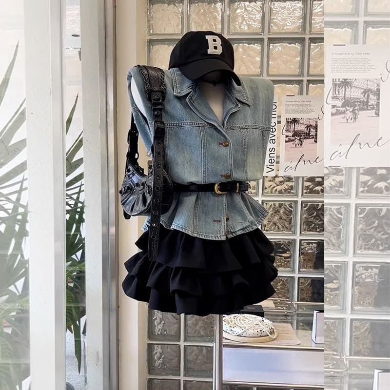 Summer Korean Chic Age-Reducing Simple Slim Office Vest Sleeveless Retro Denim Fashion Top Women's Clothing