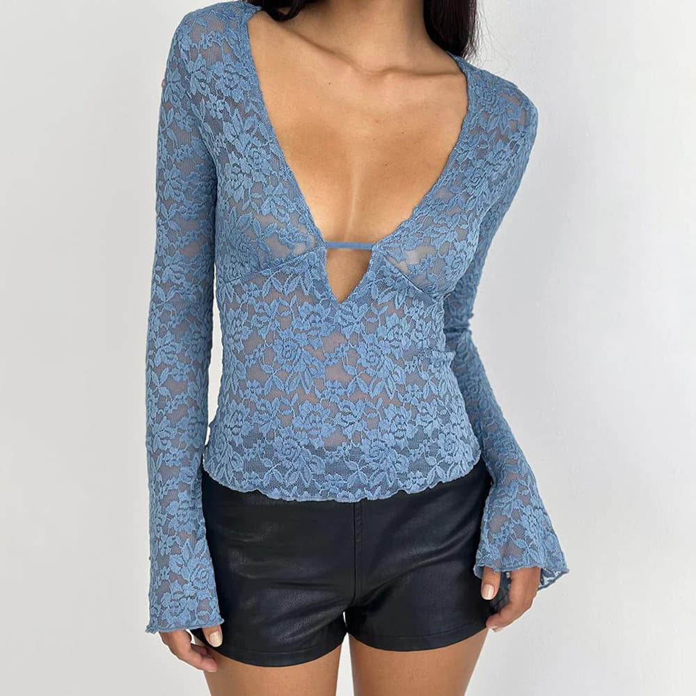 European and American Women's Lace See-Through Long Sleeve T-Shirt, Sexy Woman Temperament Hot Girl Versatile Top New