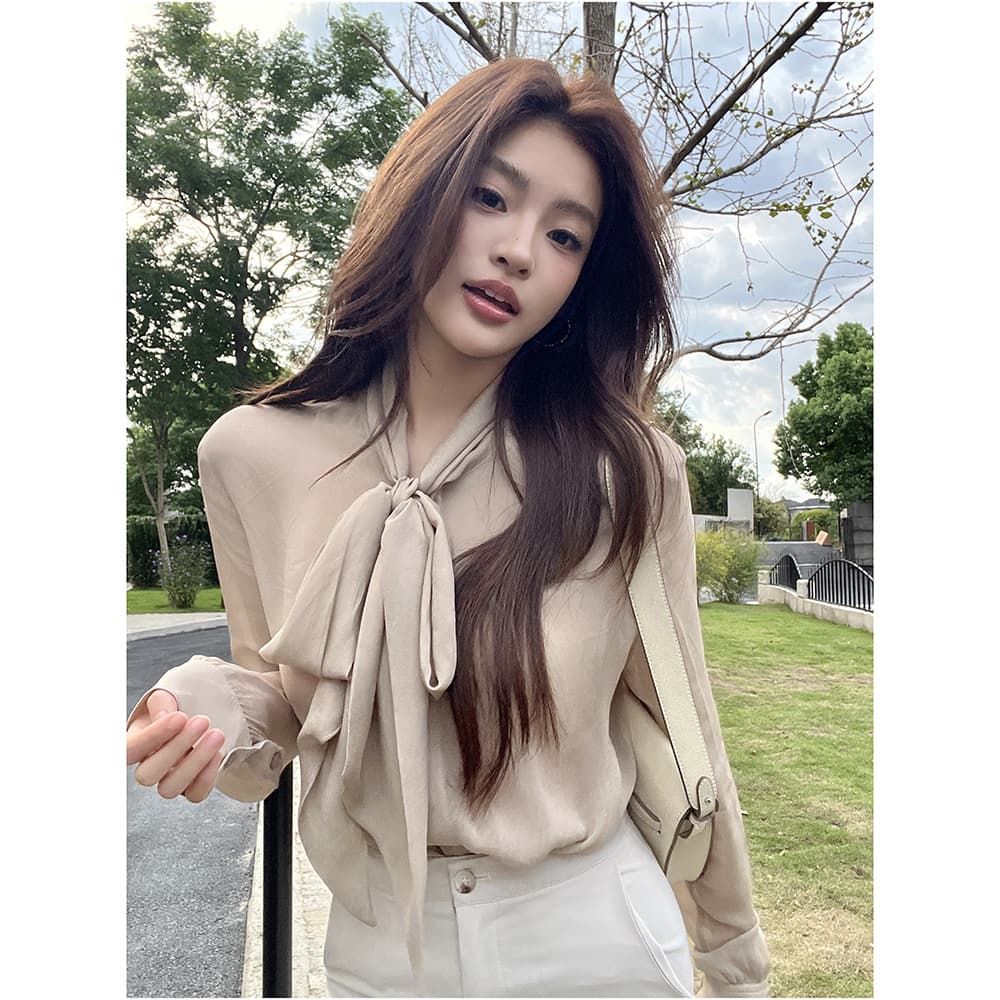 New Autumn Design Tie Bow Elegant Tencel Ribbon Long Sleeve Blouse Women Soft Top