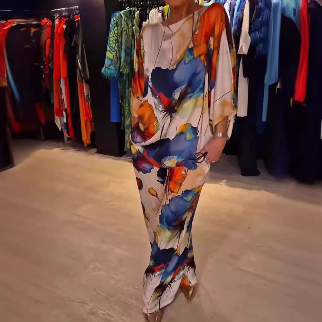 2024 Summer/Autumn Independent Site Urban Elegant Satin One-Shoulder Loose Printed Batwing Sleeve Drawstring Pants Set