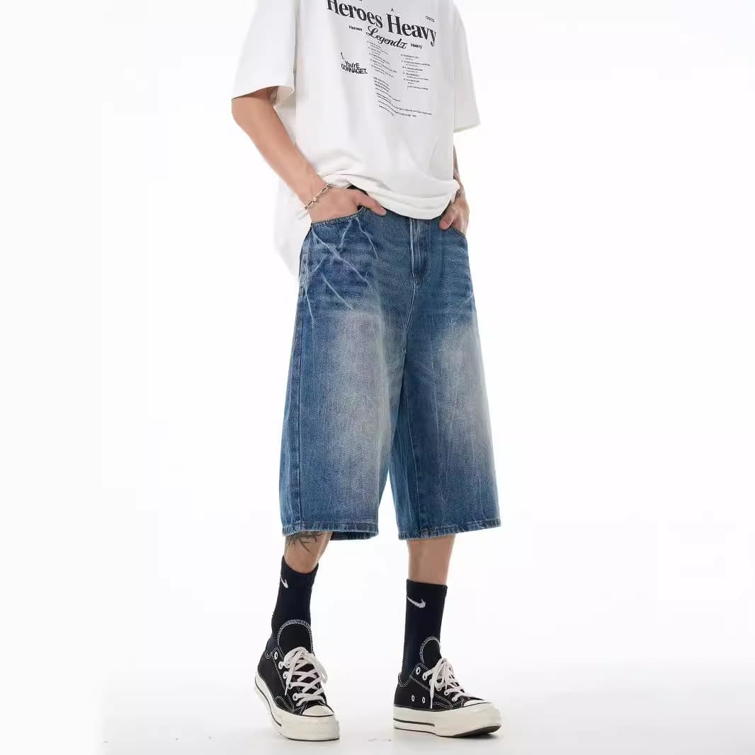 American Style Seven-point Pants Retro Old Lightning Denim Shorts Men's Loose Straight Wide-leg Cropped Pants Draped Short