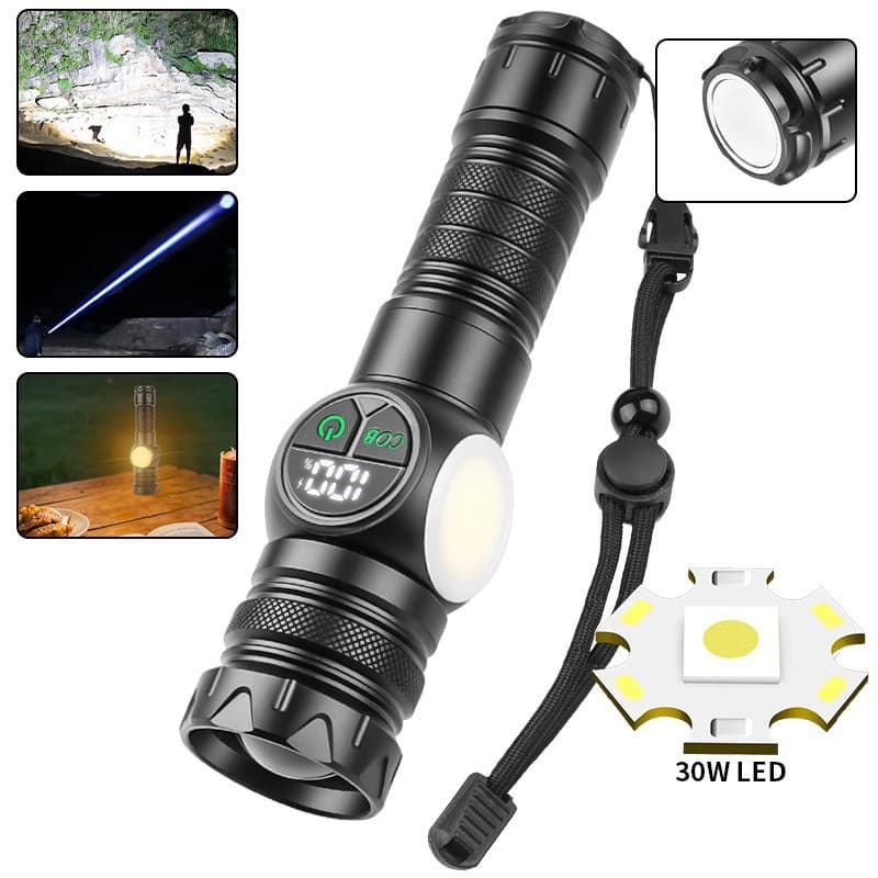 New magnetic strong light flashlight smart digital display white laser flashlight side light outdoor emergency maintenance work light