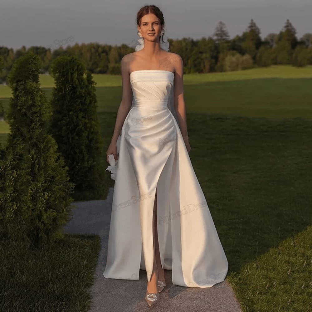 Premium Satin Strapless Fitted Wedding Dress with Slit and Long Train for Outdoor Lawn Ceremony Bride