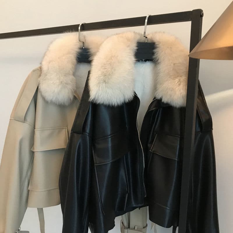 2023 Autumn Winter New Fleece-Lined Thickened Leather Short Removable Rabbit Fur Collar Jacket Coat Warm Cotton Coat Women Trendy