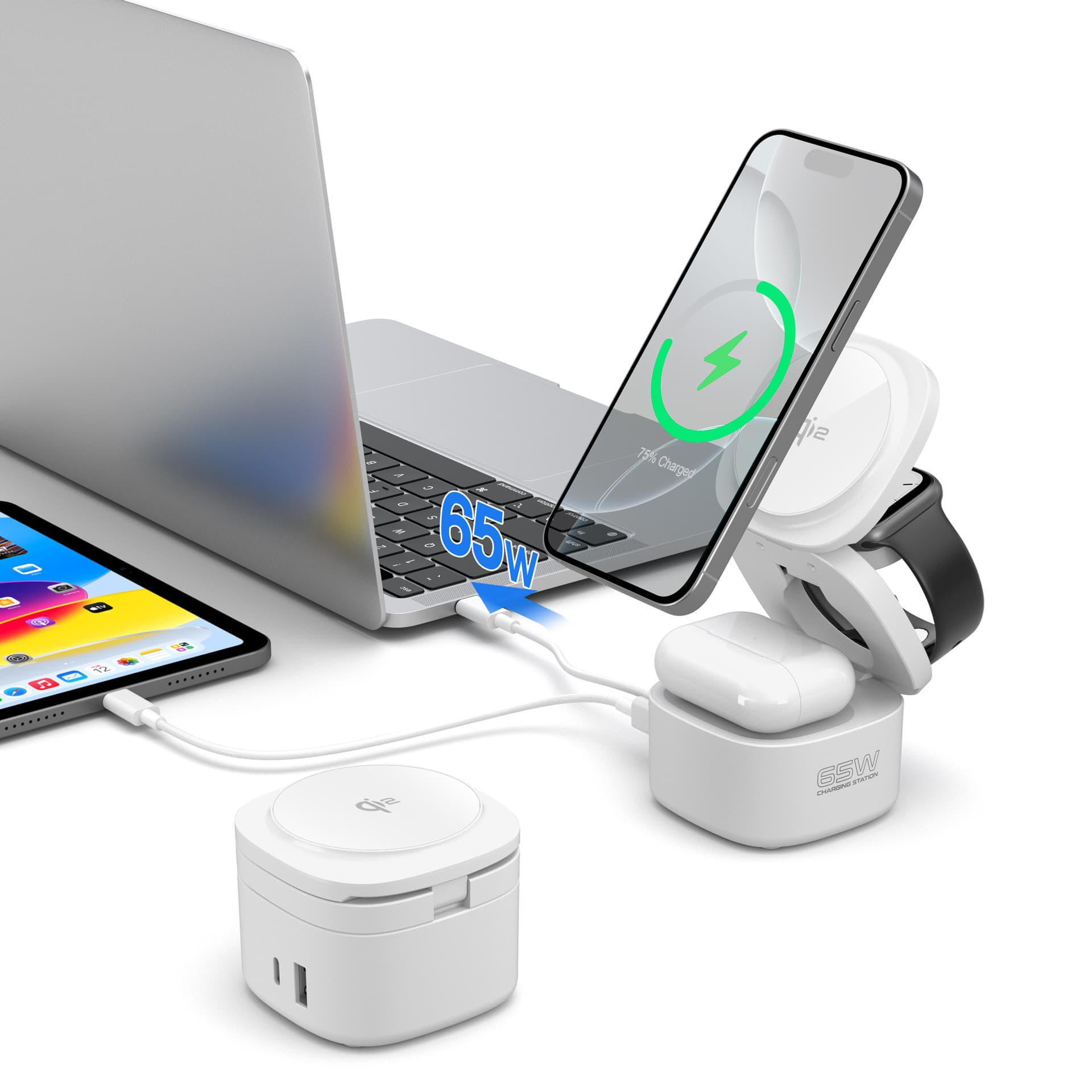 65W GaN 5-in-1 Charger with Magnetic Wireless MagSafe for Simultaneous Phone/Headphone/Watch/Computer Charging