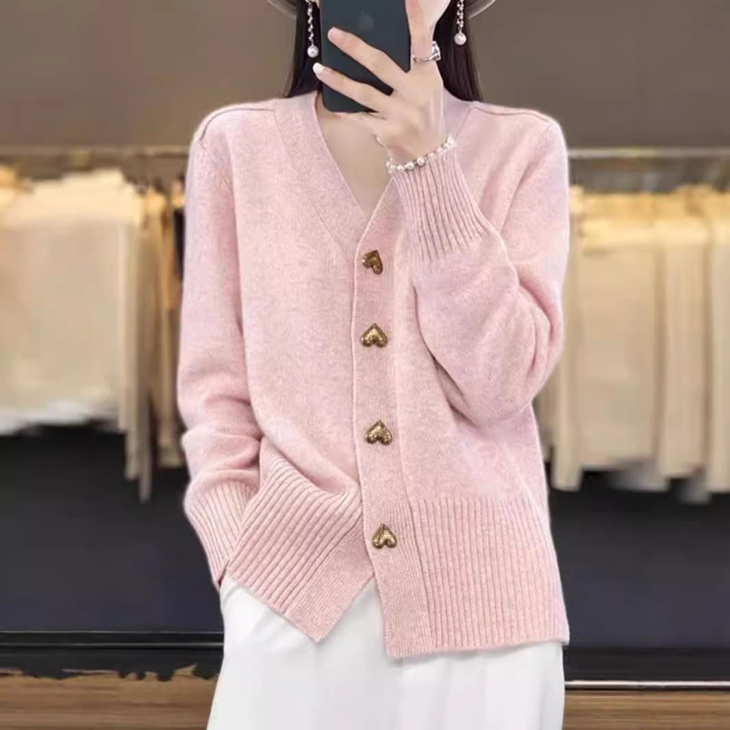 Love Button 2025 Autumn and Winter New Solid Color Simple Knitted Sweater Long Sleeve V-neck Cardigan with Loose Sweater Jacket