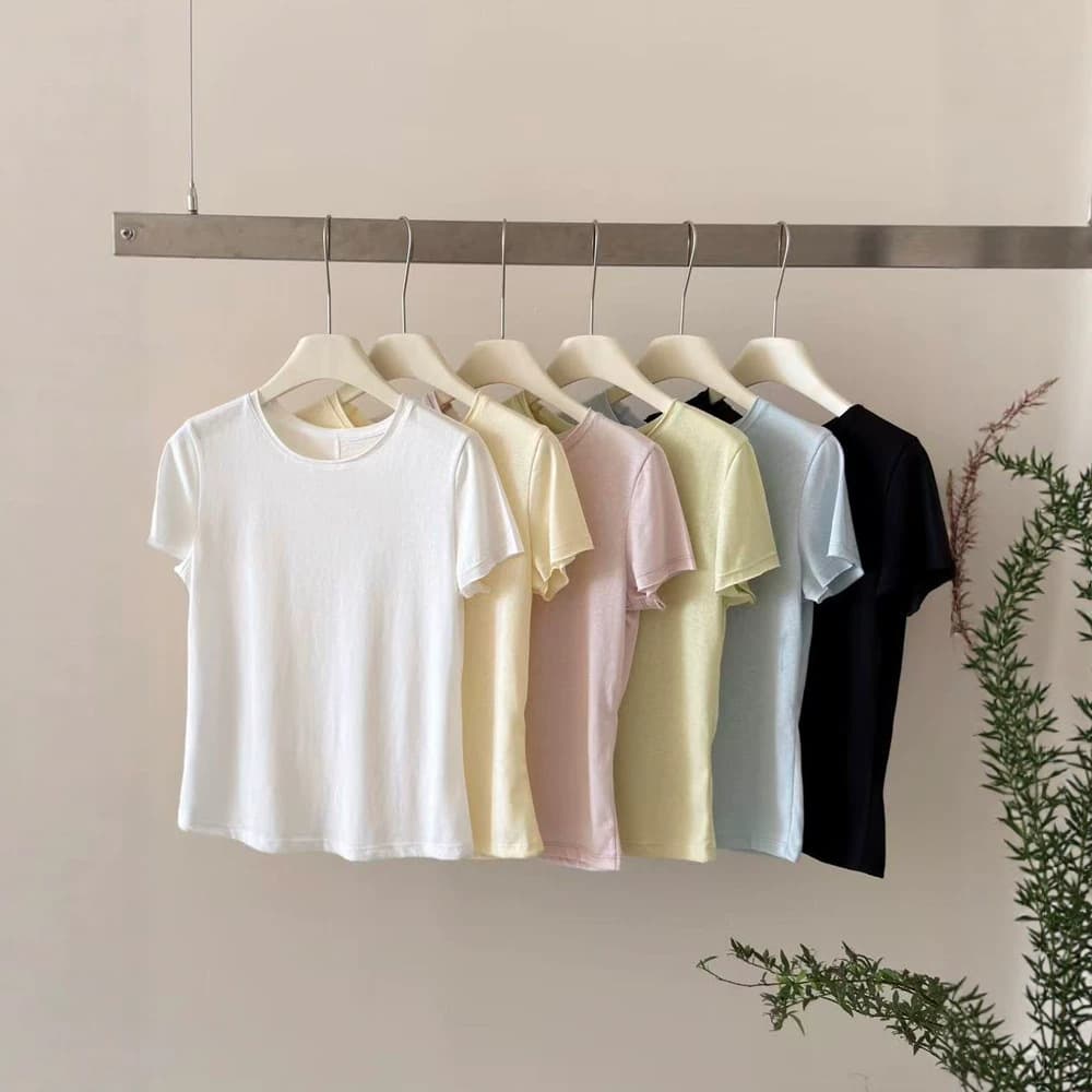 Lyocell Tencel cotton round neck short-sleeved women's all-match slim right shoulder T-shirt bottoming shirt summer new solid color top