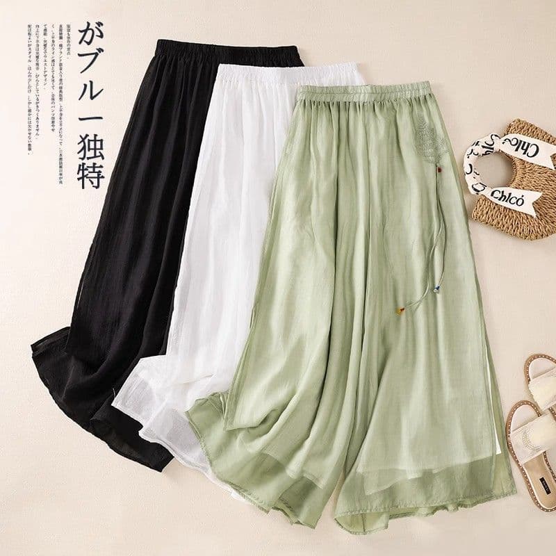 Retro Embroidery Double-Layer Wide-Leg Pants Plus Size Women's Clothing Flowy Fairy Pants Drape Slimming Slit Casual Skirt