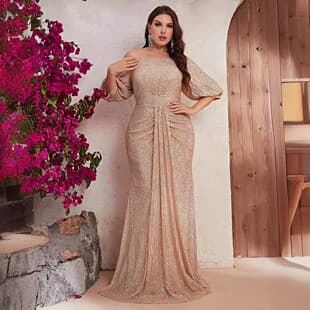 Amazon Bestseller Plus Size Sequin Off-Shoulder Short Sleeve Prom Evening Dress Mermaid Long Dress - FMGW462