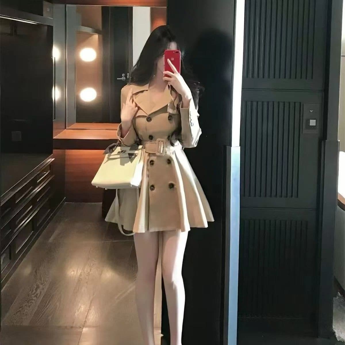 Khaki Waist-Cinching Mid-Length Trench Dress 2025 Autumn New Arrival, Double-Breasted British Style Dress for Women