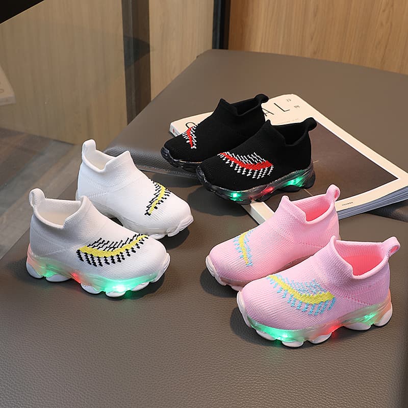 Spring LED Light-Up Unisex Children's Shoes Factory Direct Breathable Flyknit Sock Shoes Glowing Sports Slip-On Shoes In Stock