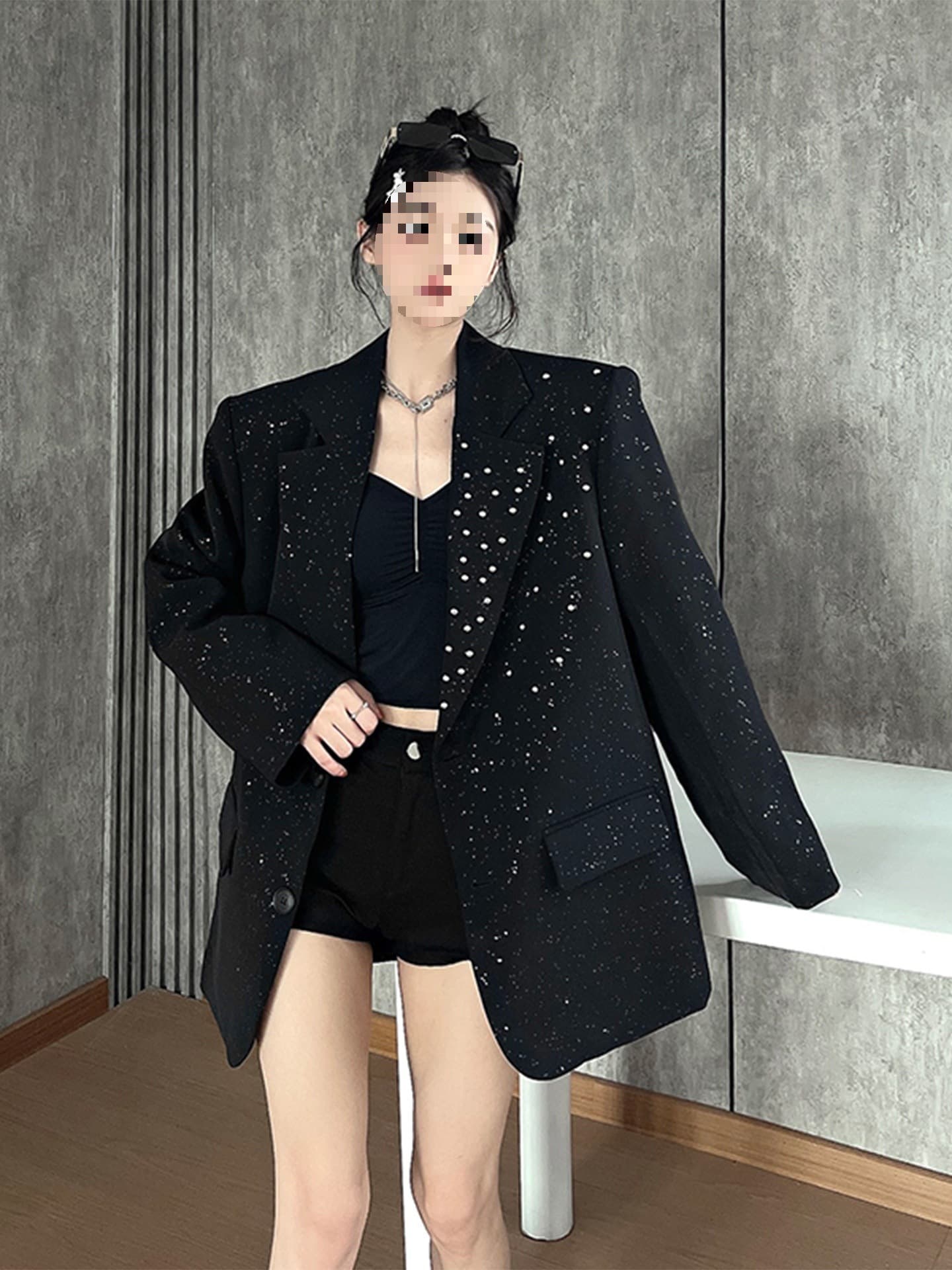 Heavy-duty studded sequined black suit jacket for women, perfect for spring and autumn. A sophisticated, unique, and effortlessly cool street style suit.