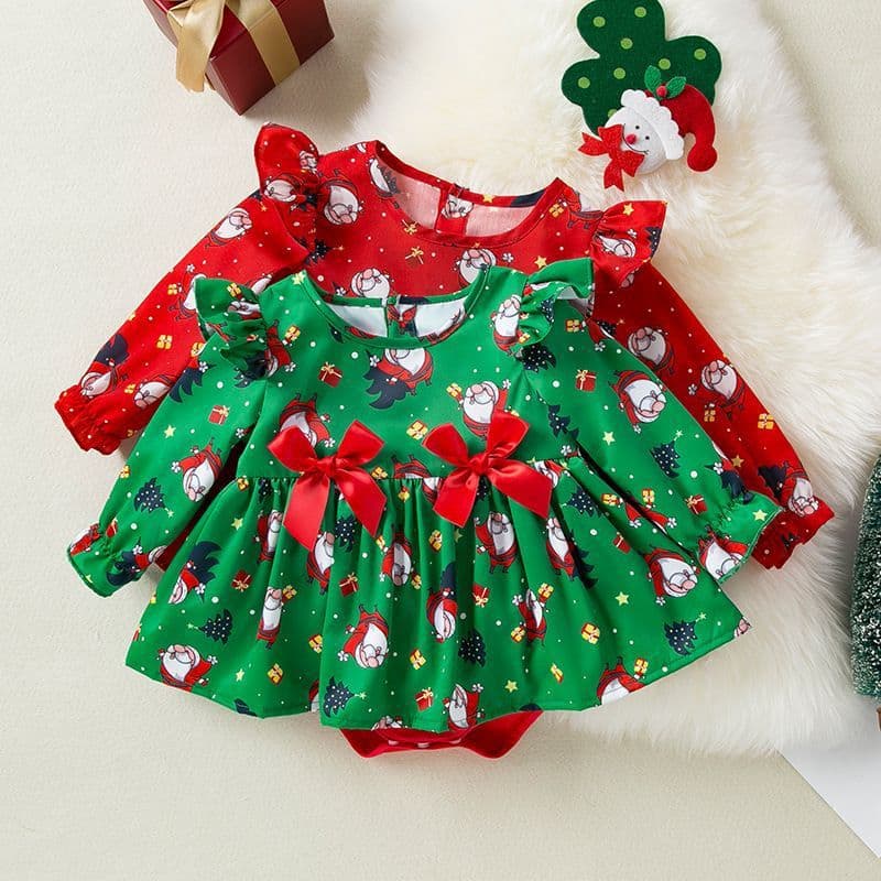 Foreign Trade Baby Spring Autumn Romper Santa Claus Print Long Sleeve Bodysuit Baby Girl Bow Princess Dress