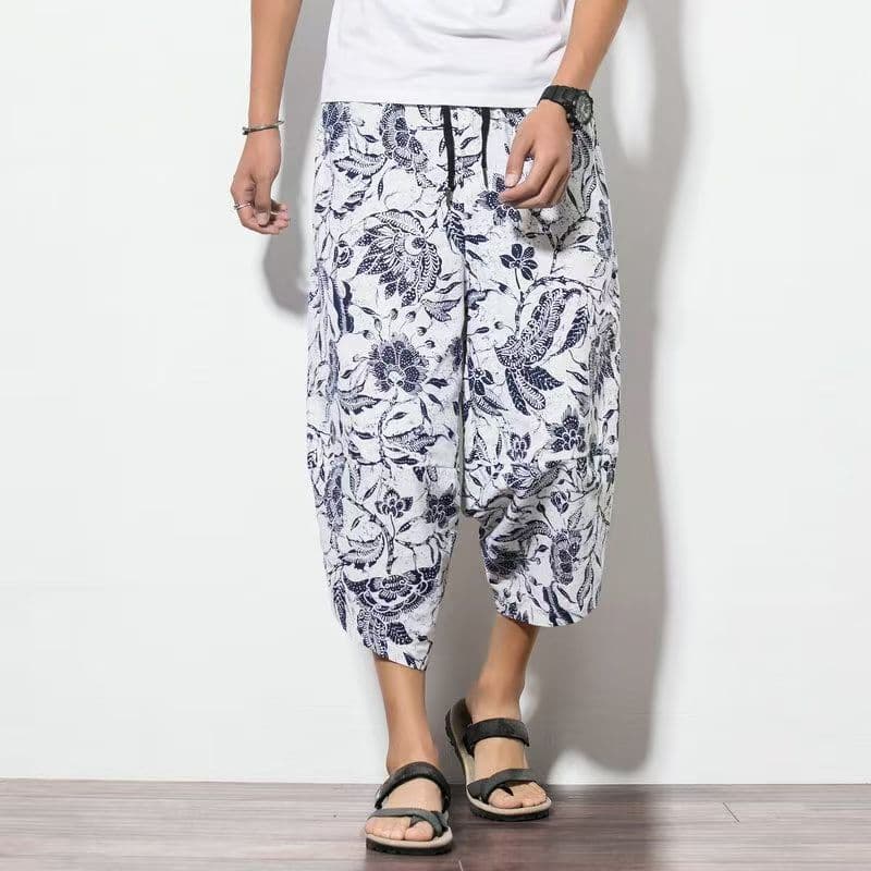 New Chinese Style Cotton Summer Beach Capri Pants for Men, Loose Fit, Large Size, Lantern Pants, Ethnic Harem Pants, Trendy