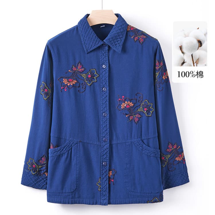 Middle-aged and elderly spring and autumn denim shirt, mom's long-sleeve blouse, grandma's outfit, oversized top for outerwear.