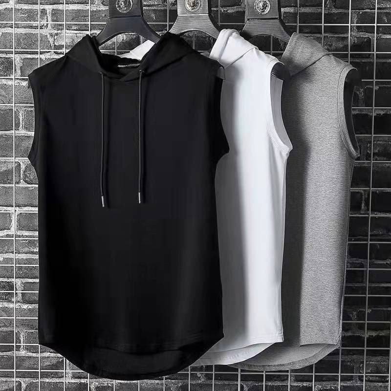 Men's Vest Ins Handsome Trendy Sports Tank Base Layer Shirt Hooded Loose Korean Style Solid Color Sleeveless T-Shirt Top