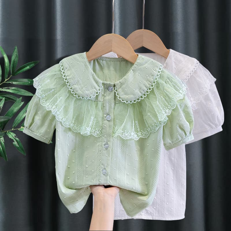 Girls Short Sleeve Blouse Summer Cotton Princess Collar Shirt for Children