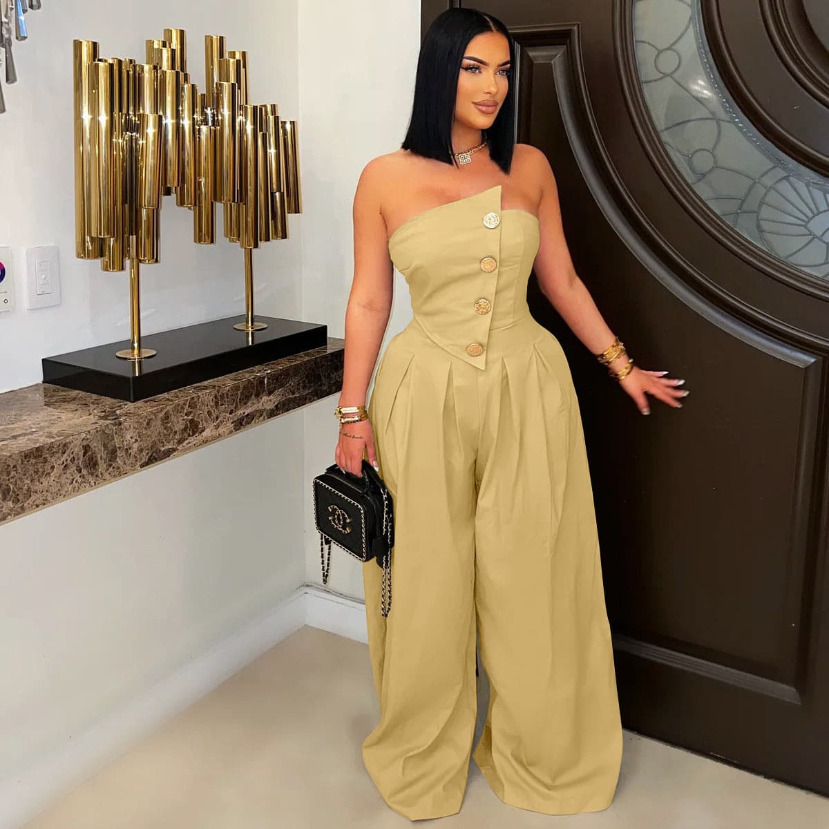 Cross-border AliExpress Amazon European and American Fashion Women's Sexy Strapless Sleeveless Metal Button Wide-leg Jumpsuit