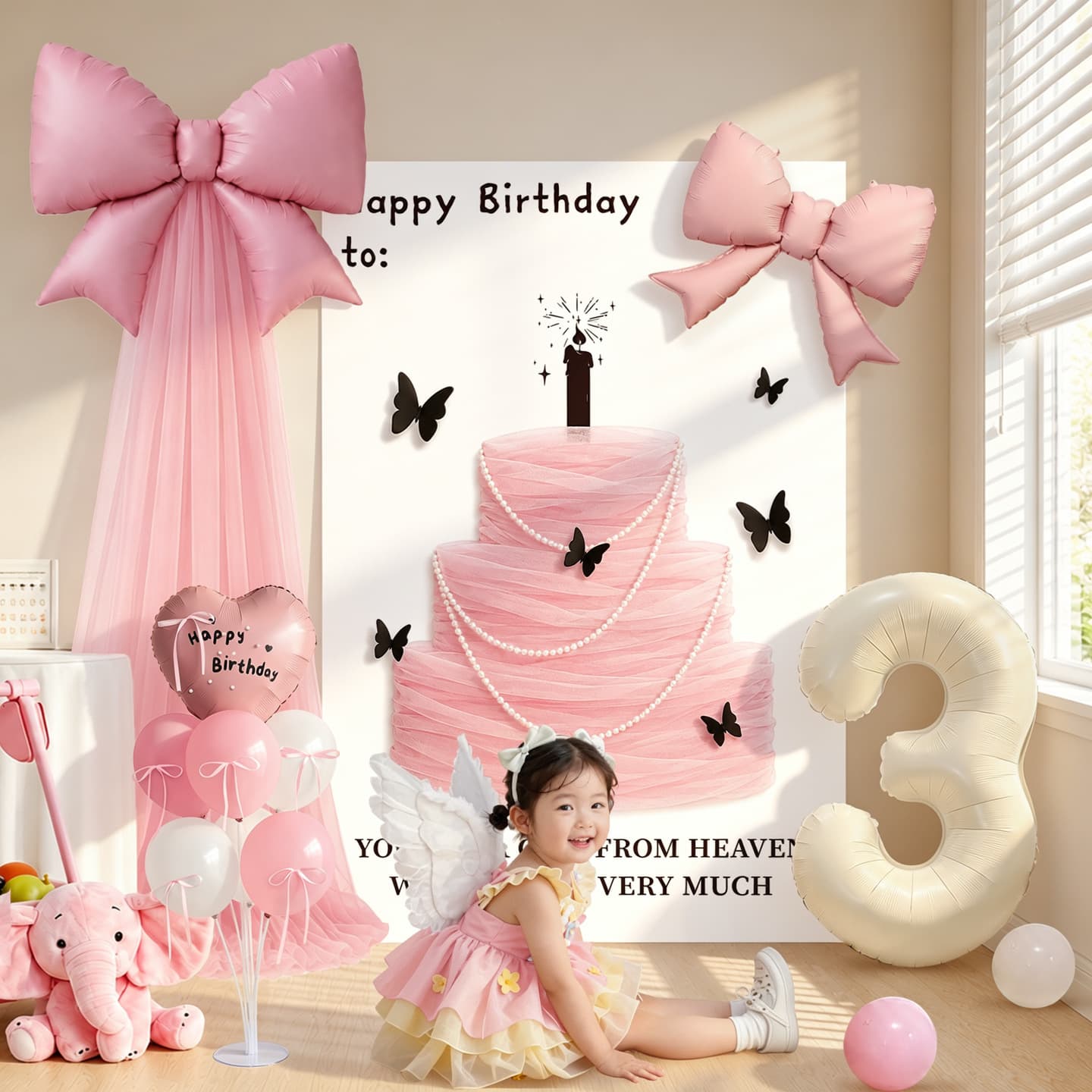 Birthday Party Background Decoration Set with Bow Netting Balloons and KT Board for Girls Birthday Ceremony Props