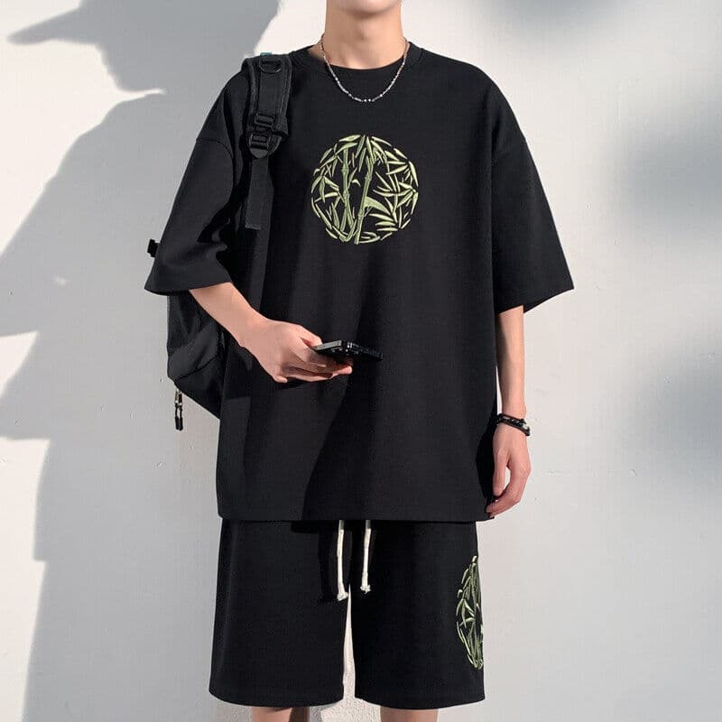 New Chinoiserie Bamboo Embroidered Short-Sleeve T-Shirt Men's Summer Casual Sports Shorts Suit Youth Men's Two-Piece Set