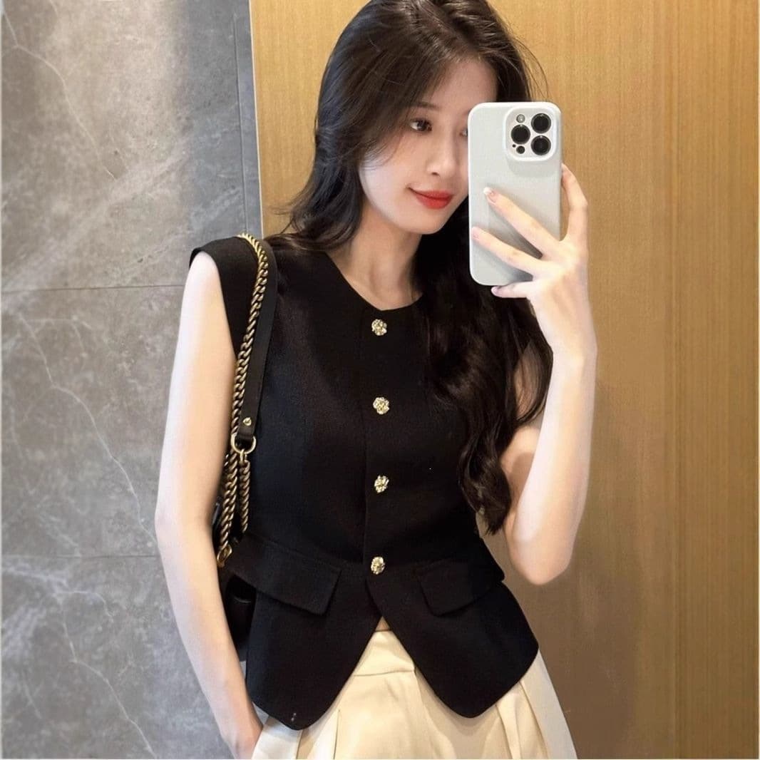 Black Textured Little Fragrance Style Vest for Women 2026 Summer Thin Outerwear Trendy Short Sleeve Top