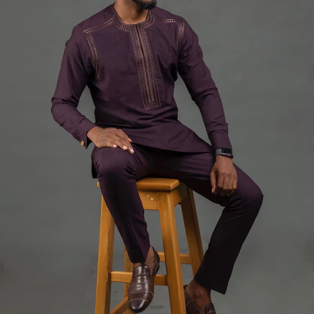 2023 African Ethnic Style Men's Casual Two-Piece Set Long Sleeve Solid Color Patchwork Shirt and Pants Set