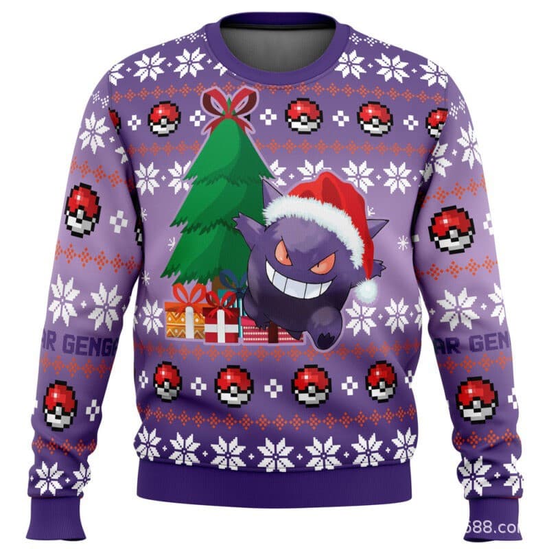 Pokémon Gengar Christmas Ugly Sweater Christmas Tree Gift Box Full Print Loose Versatile Round Neck Long Sleeve Sweatshirt