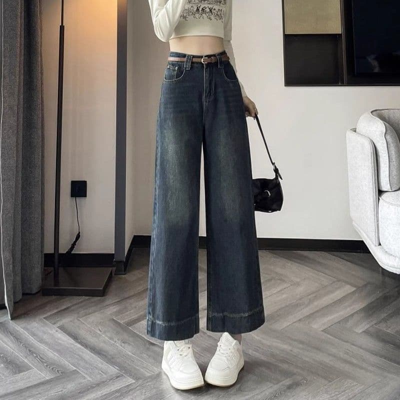 Vintage Blue Wide-Leg Jeans for Women, Spring/Summer Trendy, Petite-Friendly Ankle-Length, Slimming, Draped, Soft, Loose Straight-Leg Pants